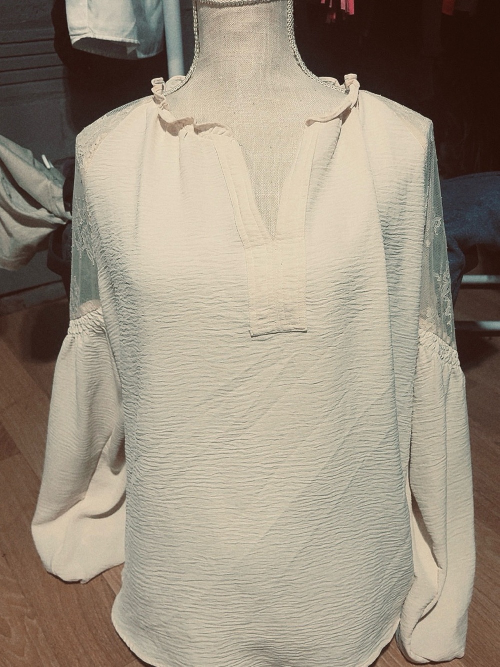 Maurices Cream Textured Split-Neck Long Sleeve Top